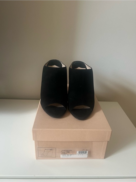 Prada Shoes - Prada Black Suede Peep-Toe Wedge Mules